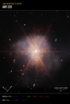 Image titled James Webb Space Telescope, Arp 220. Two spiral galaxies in the process of merging, captured by Webb’s Near-Infrared Camera (NIRCam) and Mid-Infrared Instrument (MIRI), with compass arrows, scale bar, and color key for reference.