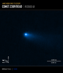 Header text reads James Webb Space Telescope, Comet 238 P/Read, P 2005 U 1. In the center of a black image, a small glowing, hazy point glows white, surrounded by blue that trails off to the lower right. At the bottom left are compass arrows indicating the orientation of the image on the sky. The north arrow points in the 12 o’clock direction. The east arrow points toward 9 o’clock. An arrow between them labeled To Sun points to 10 o’clock. At the lower right is a scale bar labeled 3,000 kilometers and 2,000 miles, which is roughly the length of the comet image shown above. Below the image is a color key showing the filter used to create the image and which visible-light color was assigned. Text reads NIRCam Filters, F200W in blue.