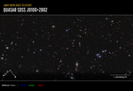 Quasar J0100+2802 image with compass arrows, scale bar, and color key.