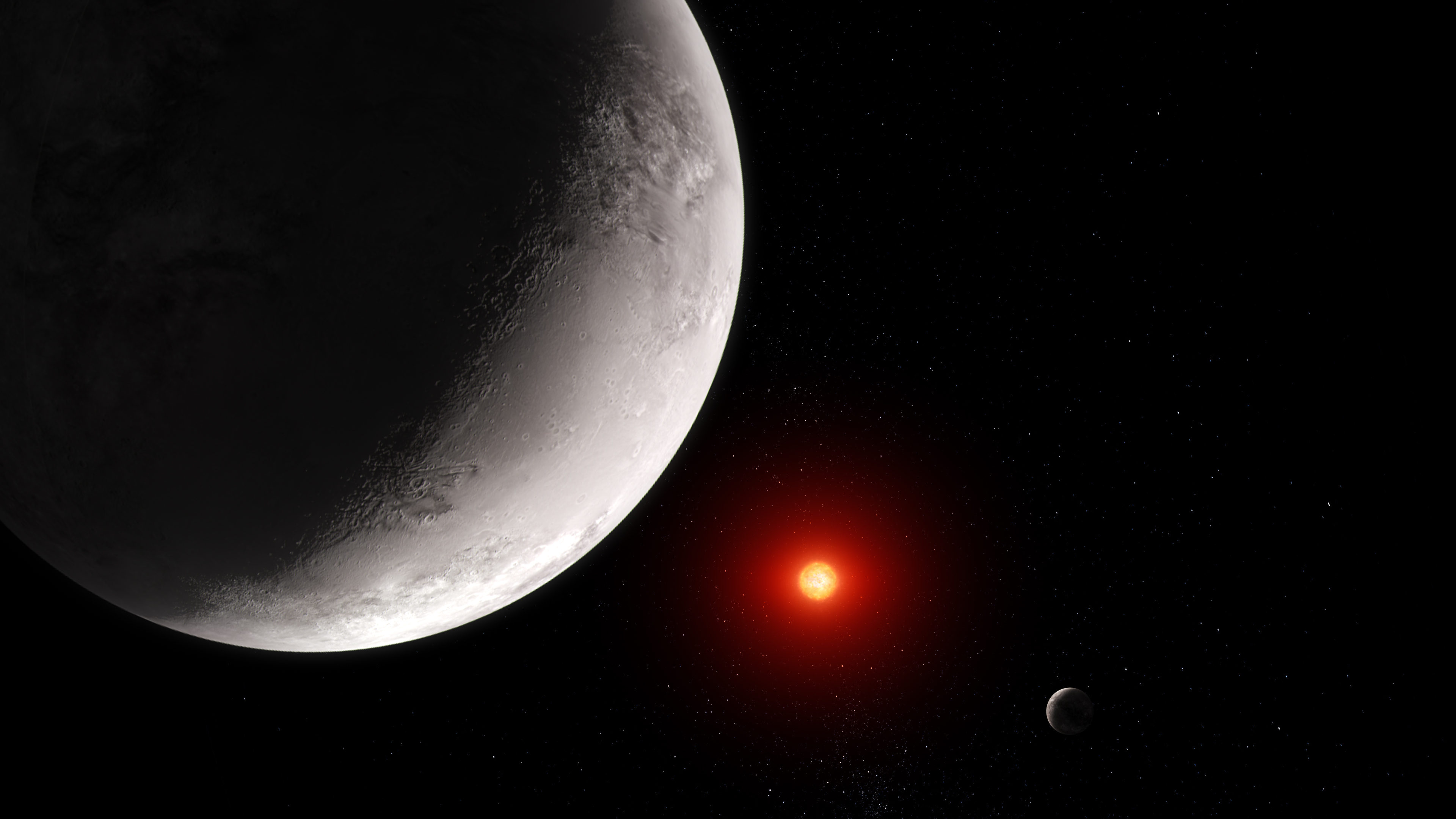 Illustration of two rocky exoplanets and their active red dwarf star.