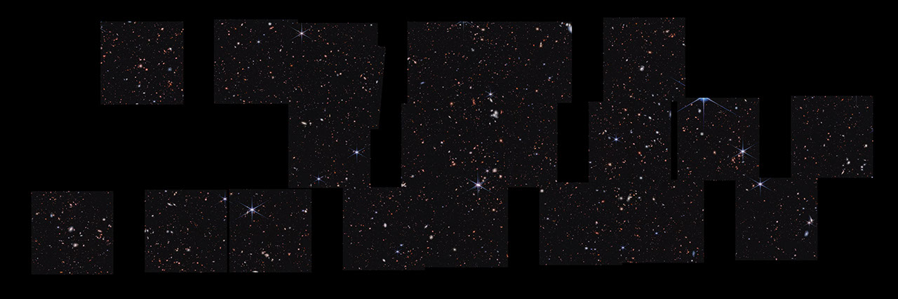 About 100,000 galaxies appear in this thin horizontal view. Webb’s images are stitched together. The coverage isn’t continuous, so the areas in between Webb’s images are black. About 20 square images were taken to form this mosaic. There is a significant black region at the middle left and top right, both about three squares wide. The other images are stitched together at various angles, none perfectly matched up. In Webb’s images, there are many overlapping objects at various distances. They include large, blue foreground stars, some with all eight diffraction spikes, white and pink spiral and elliptical galaxies, and many tiny red dots throughout. In the bottom row, at the edge of the square second from far right is a blue vertical oval that has bright pink regions and many blue dots throughout.