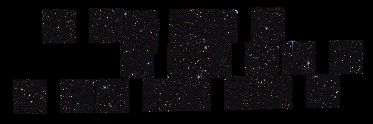 About 100,000 galaxies appear in this thin horizontal view. Webb’s images are stitched together. The coverage isn’t continuous, so the areas in between Webb’s images are black. About 20 square images were taken to form this mosaic. There is a significant black region at the middle left and top right, both about three squares wide. The other images are stitched together at various angles, none perfectly matched up. In Webb’s images, there are many overlapping objects at various distances. They include large, blue foreground stars, some with all eight diffraction spikes, white and pink spiral and elliptical galaxies, and many tiny red dots throughout. In the bottom row, at the edge of the square second from far right is a blue vertical oval that has bright pink regions and many blue dots throughout.