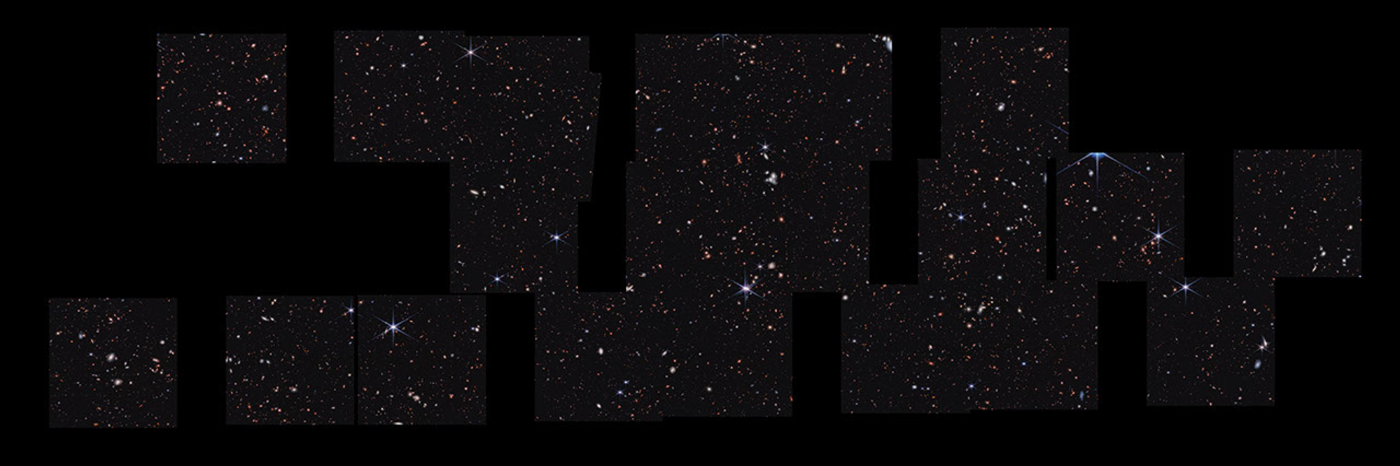 About 100,000 galaxies appear in this thin horizontal view. Webb’s images are stitched together. The coverage isn’t continuous, so the areas in between Webb’s images are black. About 20 square images were taken to form this mosaic. There is a significant black region at the middle left and top right, both about three squares wide. The other images are stitched together at various angles, none perfectly matched up. In Webb’s images, there are many overlapping objects at various distances. They include large, blue foreground stars, some with all eight diffraction spikes, white and pink spiral and elliptical galaxies, and many tiny red dots throughout. In the bottom row, at the edge of the square second from far right is a blue vertical oval that has bright pink regions and many blue dots throughout.
