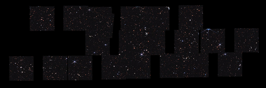 About 100,000 galaxies appear in this thin horizontal view. Webb’s images are stitched together. The coverage isn’t continuous, so the areas in between Webb’s images are black. About 20 square images were taken to form this mosaic. There is a significant black region at the middle left and top right, both about three squares wide. The other images are stitched together at various angles, none perfectly matched up. In Webb’s images, there are many overlapping objects at various distances. They include large, blue foreground stars, some with all eight diffraction spikes, white and pink spiral and elliptical galaxies, and many tiny red dots throughout. In the bottom row, at the edge of the square second from far right is a blue vertical oval that has bright pink regions and many blue dots throughout.