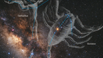 Telescope image including distant stars and the dark, dusty arm of a galaxy are overlaid with semi-transparent graphics representing the constellations Scorpius, as a scorpion bug, on the right and Ophiuchus, showing a man's legs to the upper left. Thin blue lines connect the actual stars of the constellations.