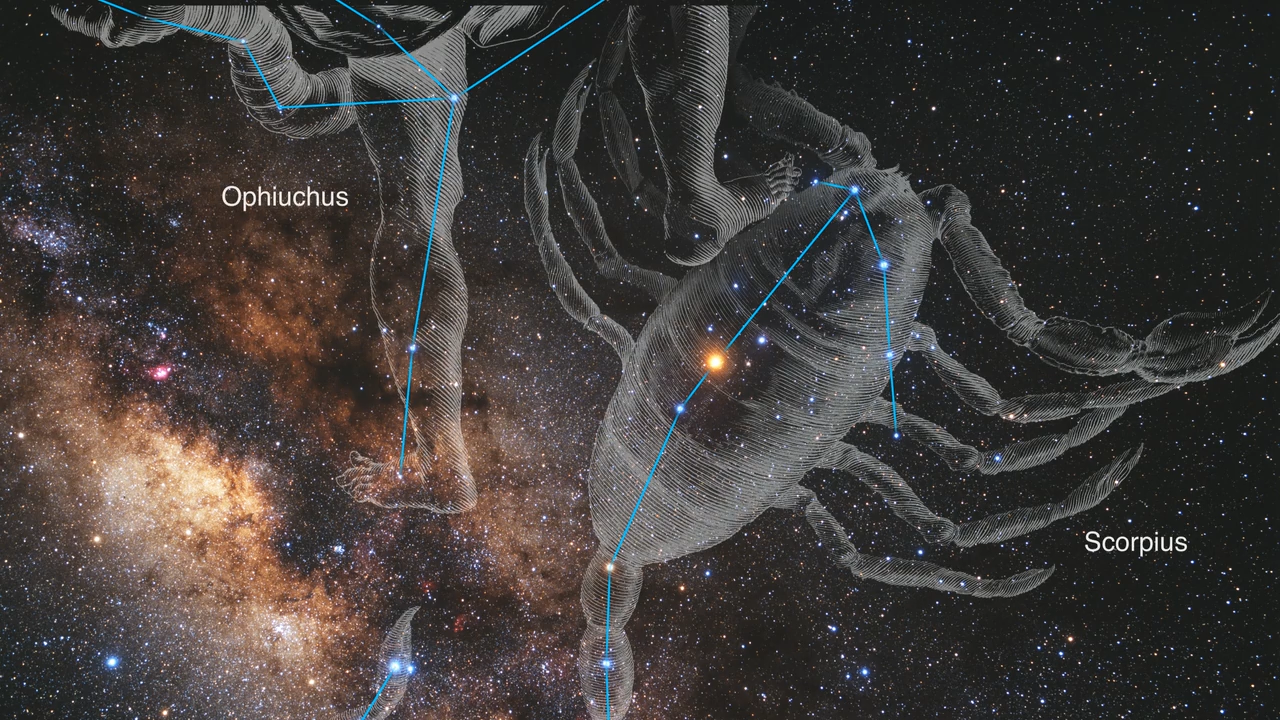Telescope image including distant stars and the dark, dusty arm of a galaxy are overlaid with semi-transparent graphics representing the constellations Scorpius, as a scorpion bug, on the right and Ophiuchus, showing a man's legs to the upper left. Thin blue lines connect the actual stars of the constellations.