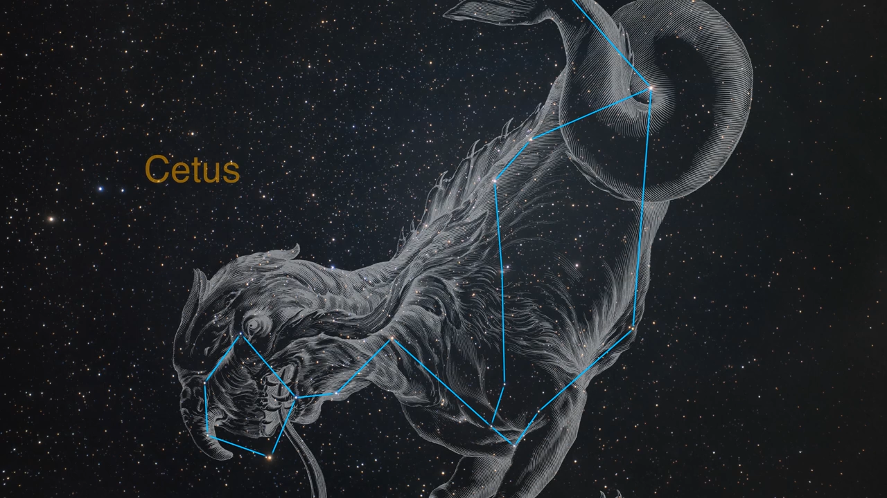 Telescope image including distant stars is overlaid with a semi-transparent graphic representing the constellation Cetus, as a sea monster. Thin blue lines connect the actual stars of the constellations.