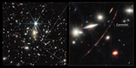 The image is split in half vertically to create two images. In the left image, a black background is scattered with hundreds of small galaxies of different shapes, ranging in color from white to yellow to red. Some galaxies, mostly the redder galaxies, are distorted, appearing to be stretched out or mirror imaged. Just a little bit above the center, there is a bright source of light, a star, with 8 bright diffraction spikes extending out from it. The right image is a zoomed-in portion of the image at the left, showing a particularly long, red, thin line that stretches from 1 o’clock to 7 o’clock. There are several bright dots, some thicker than others, along this line, with one labeled as Earendel.