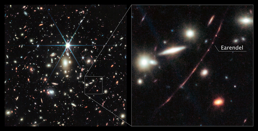 The image is split in half vertically to create two images. In the left image, a black background is scattered with hundreds of small galaxies of different shapes, ranging in color from white to yellow to red. Some galaxies, mostly the redder galaxies, are distorted, appearing to be stretched out or mirror imaged. Just a little bit above the center, there is a bright source of light, a star, with 8 bright diffraction spikes extending out from it. The right image is a zoomed-in portion of the image at the left, showing a particularly long, red, thin line that stretches from 1 o’clock to 7 o’clock. There are several bright dots, some thicker than others, along this line, with one labeled as Earendel.