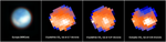 Four square panels appear in a horizontal strip. The first features a blue-and-white sphere against a black background, reminiscent of the “Blue Marble” picture of Earth. With fuzzy edges, this sphere has darker blue patches in the northern hemisphere and two large white patches in the southern hemisphere. Below it is the label: “Europa (NIRCam).” Each of the second, third, and fourth panels has a pixelated, roughly circular image of small, white, blue, or orange squares. The orange or blue squares appear in various shades. Several squares are a mix of both orange and blue. In each of these panels, there are slight variations in the arrangement of the colored squares. In the second panel, the label below the image reads: “Crystalline C O 2 ice at 2.7 microns.” In the third panel, the label below the image reads: “Crystalline C O 2 ice at 4.27 microns.” In the fourth panel, the label below the image reads: “Complex C O 2 ice at 4.25 microns.” See the extended description for more details.