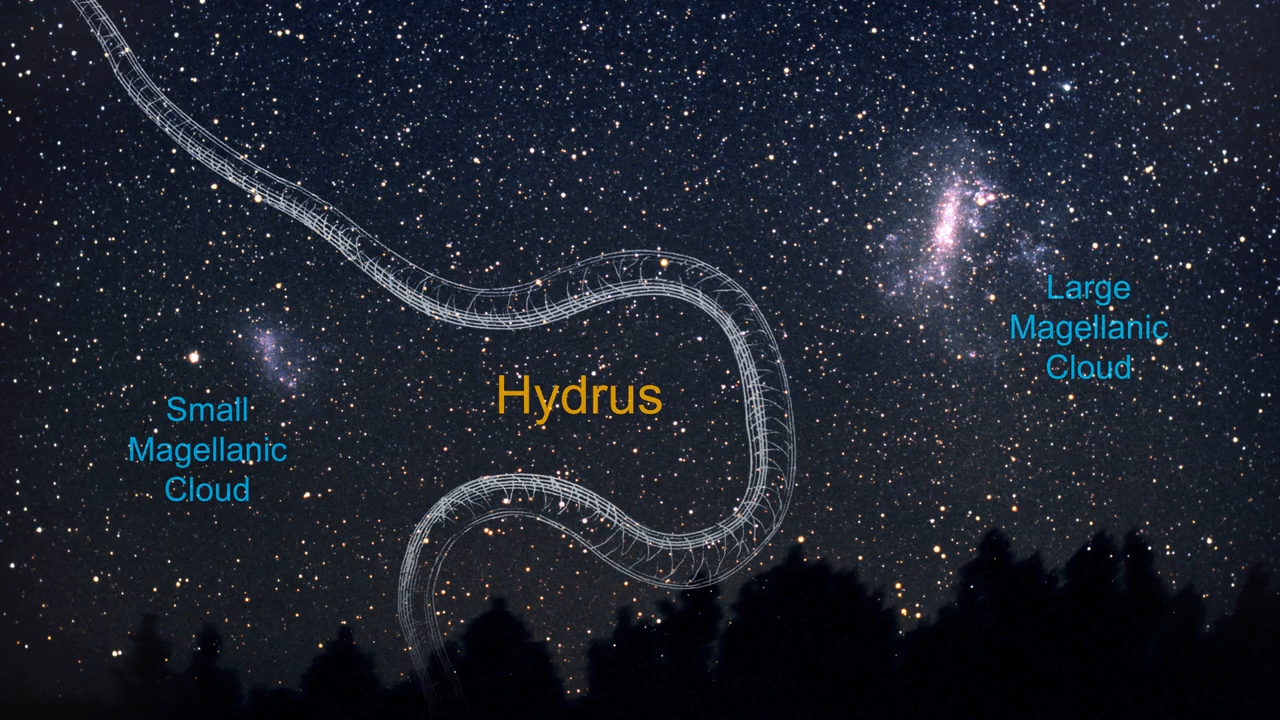 Telescope image including distant stars is overlaid with a semi-transparent graphic representing the constellation Hydrus the water snake. To the left is a dwarf galaxy labeled "Small Magellanic Cloud" and to the right a second dwarf galaxy labeled "Large Magellanic Cloud."
