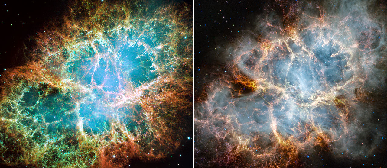 A side-by-side-comparison of the Crab Nebula as seen by the Hubble Space Telescope in optical light (left) and the James Webb Space Telescope in infrared light (right).