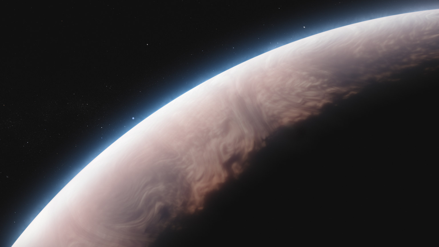 Illustration showing a portion of a cloudy planet set against the black background of space.