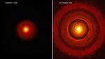 Artist’s concept of two types of typical, planet-forming disks around newborn, Sun-like stars. On the left is a compact disk with no rings or gaps. On the right is an extended disk with rings and gaps.
