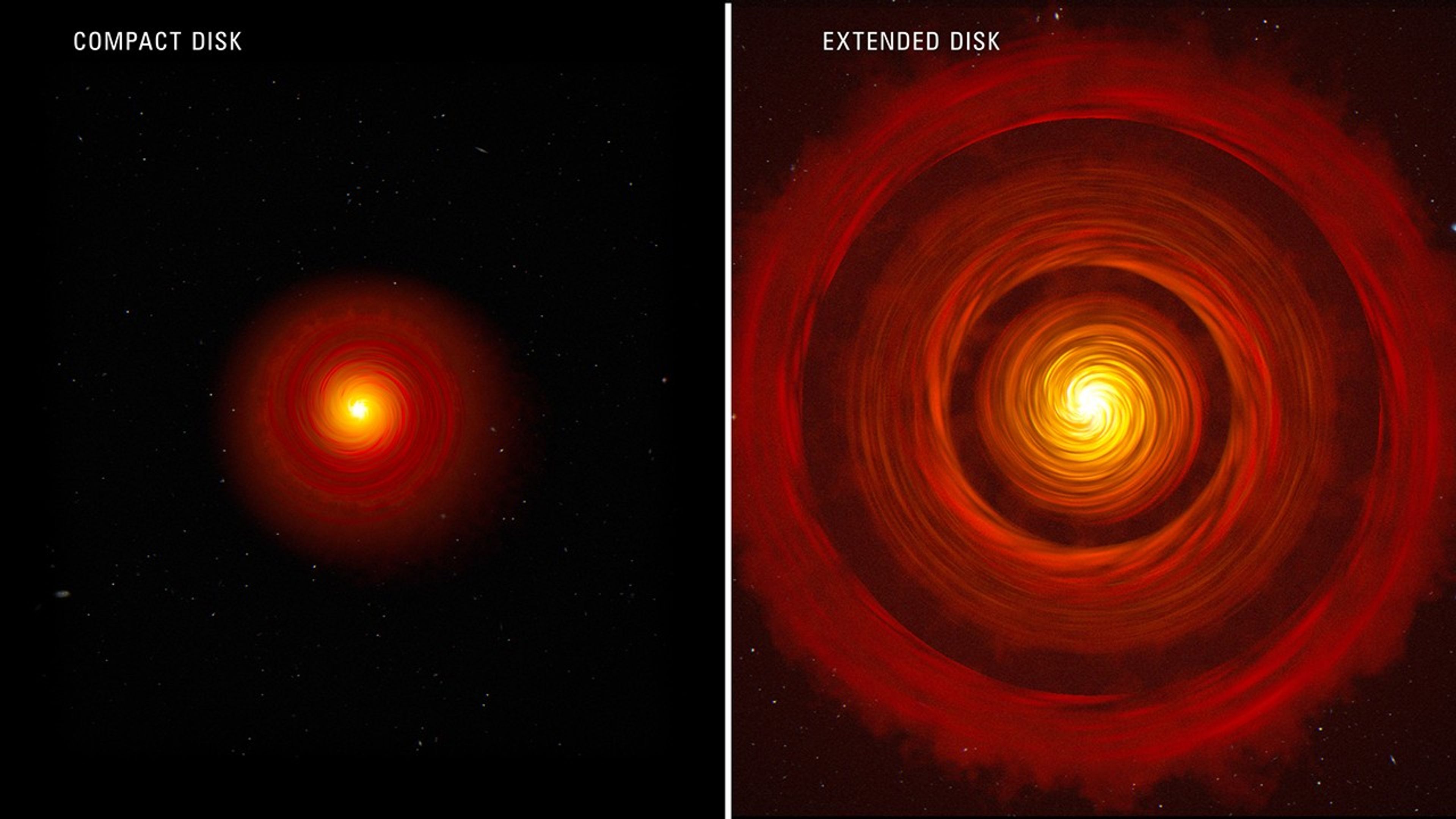 Artist’s concept of two types of typical, planet-forming disks around newborn, Sun-like stars. On the left is a compact disk with no rings or gaps. On the right is an extended disk with rings and gaps.