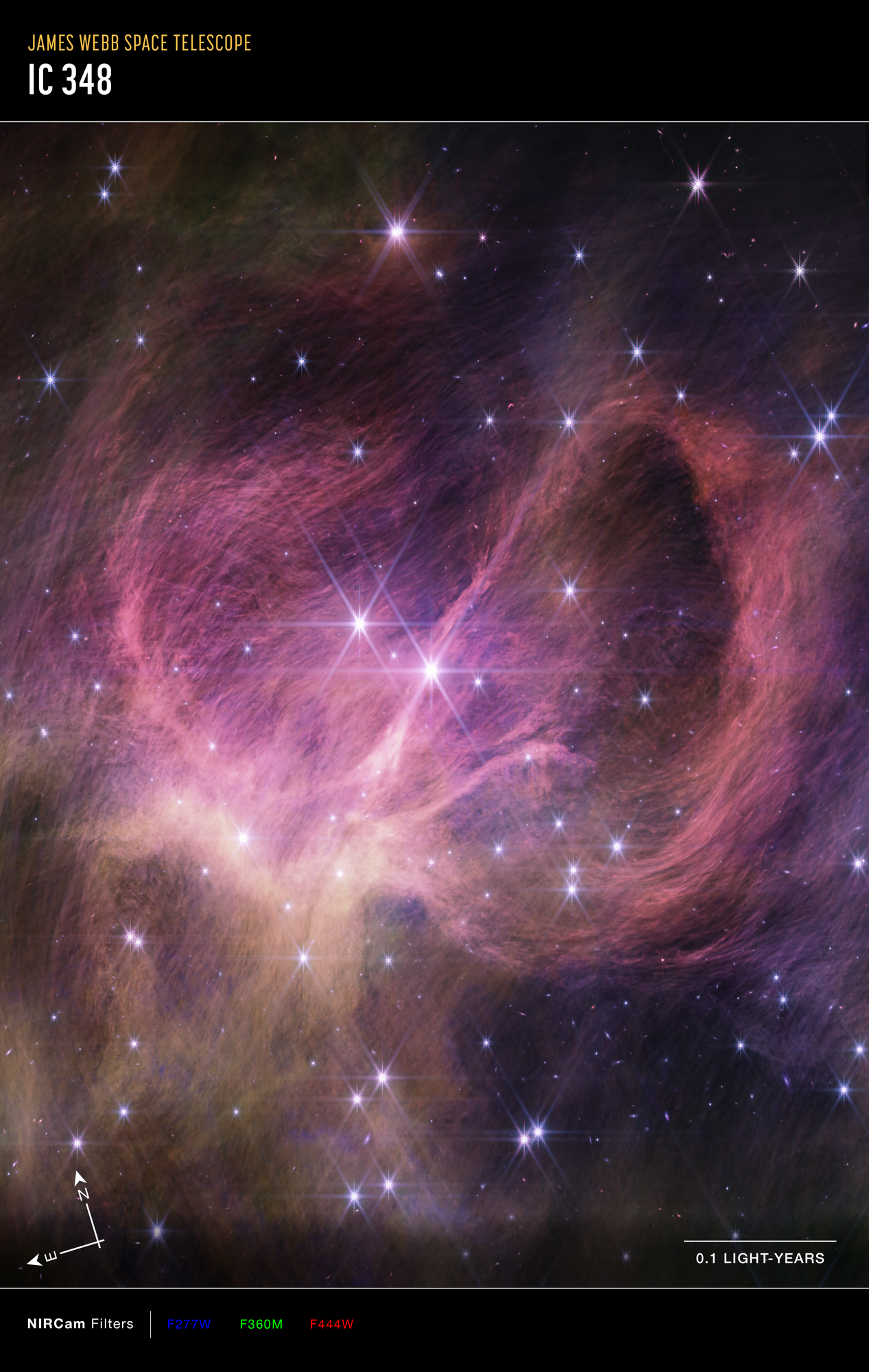 An image showing wispy pink-purple filaments and a scattering of stars.