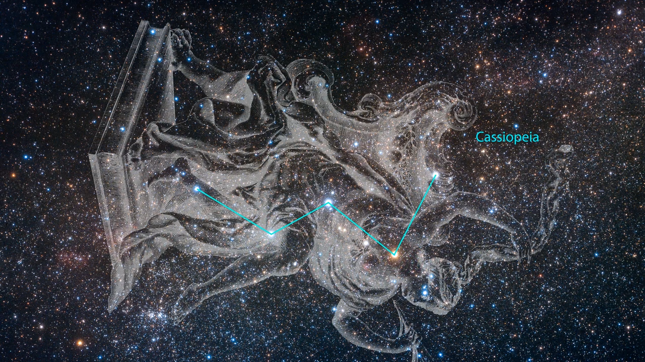 Telescope image including distant stars is overlaid with a semi-transparent graphic representing the constellation Cassiopeia, the queen. Thin blue lines in the outline of a “W” connect the actual stars of the constellation.