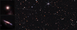 In the far-left column are two galaxies that have been magnified. The top left galaxy appears circular and light pink with a slightly whiter central region, taking up less than one-sixth of the box. The bottom galaxy is elongated, stretching almost from top left to bottom right. It has a white line at the center that has a pink outline that transitions into bluish edges at far left and right. Thin lines from each magnified galaxy point to their appearances in the broader field. The top galaxy appears as a tiny dot at the upper center, and the bottom galaxy toward the left. Thousands of galaxies appear across most of this view, which is set against the black background of space. There are many overlapping objects at various distances. They include large, blue foreground stars, with Webb’s signature eight-pointed diffraction spikes, and white and pink spiral and elliptical galaxies. Numerous tiny red dots appear throughout the scene. This is a portion of a vast survey known in shorthand as CEERS.