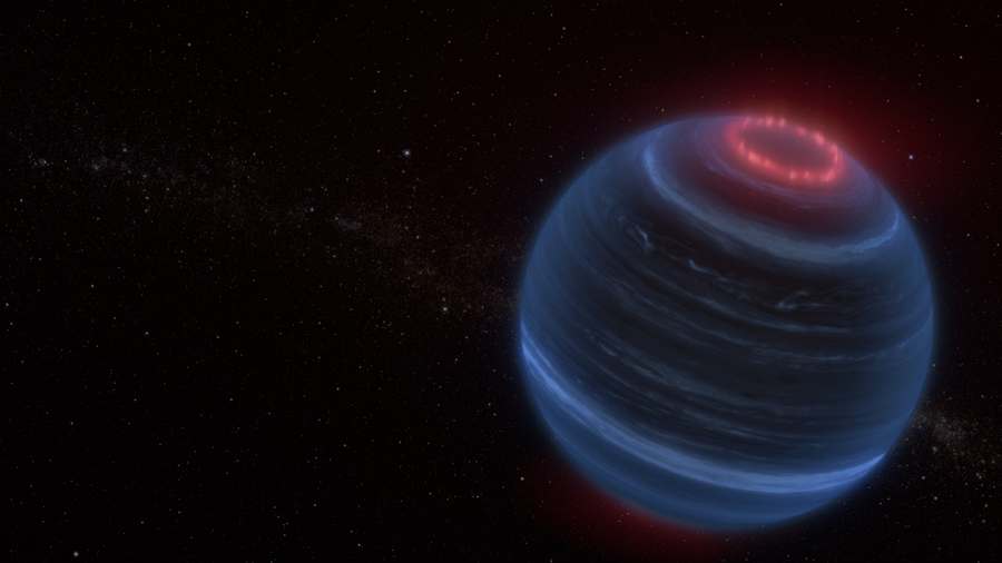 An artist concept portrays a round, dark blue, gaseous object on a black, star-filled background.