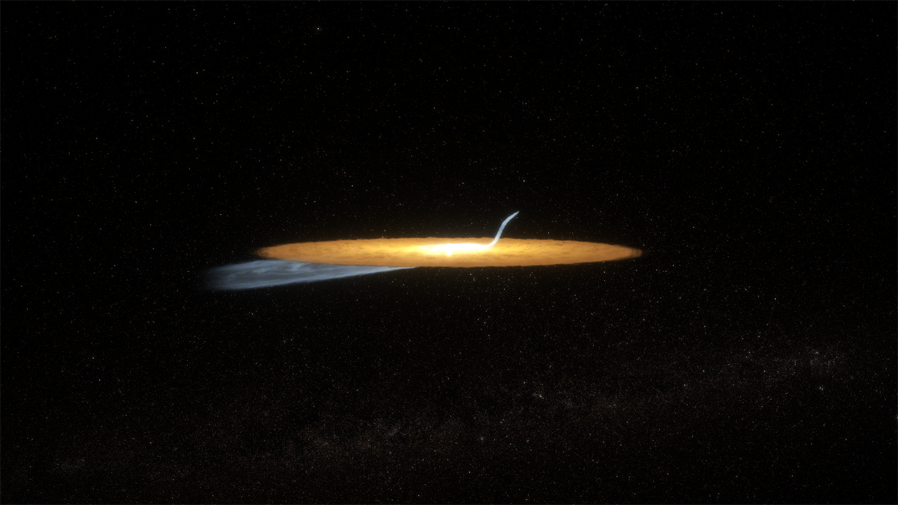 A dusty orange disk is seen nearly edge-on. It is brightest in the middle. A second, half-disk colored blue is seen at lower left, inclined downward at a slight angle from the main disk. A curved, blue streamer extends from near the middle of the disk upward to the right.