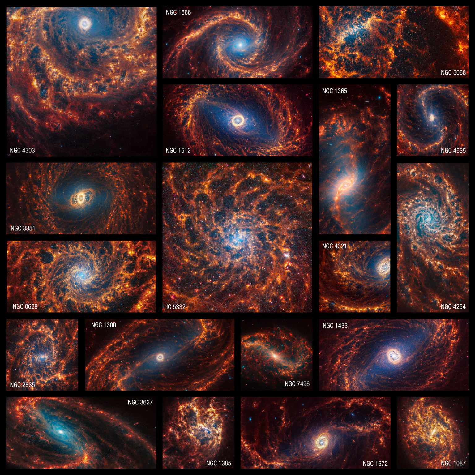 Nineteen Webb images of face-on spiral galaxies are combined in a mosaic, some within squares, and others horizontal or vertical rectangles. Galaxies’ spiral arms appear in shades of orange, and many of their centers have light blue hazes.