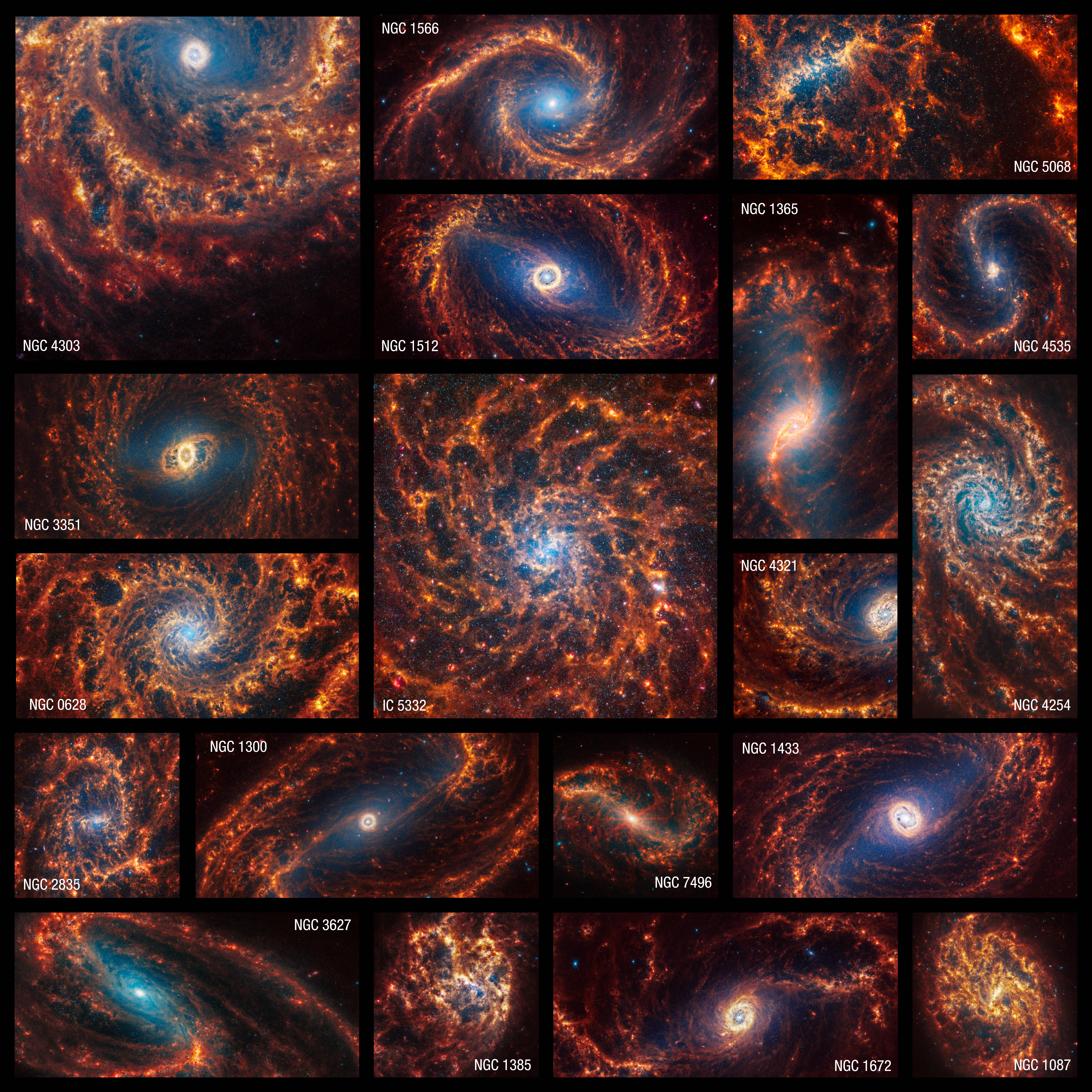 Nineteen Webb images of face-on spiral galaxies are combined in a mosaic, some within squares, and others horizontal or vertical rectangles. Galaxies’ spiral arms appear in shades of orange, and many of their centers have light blue hazes.