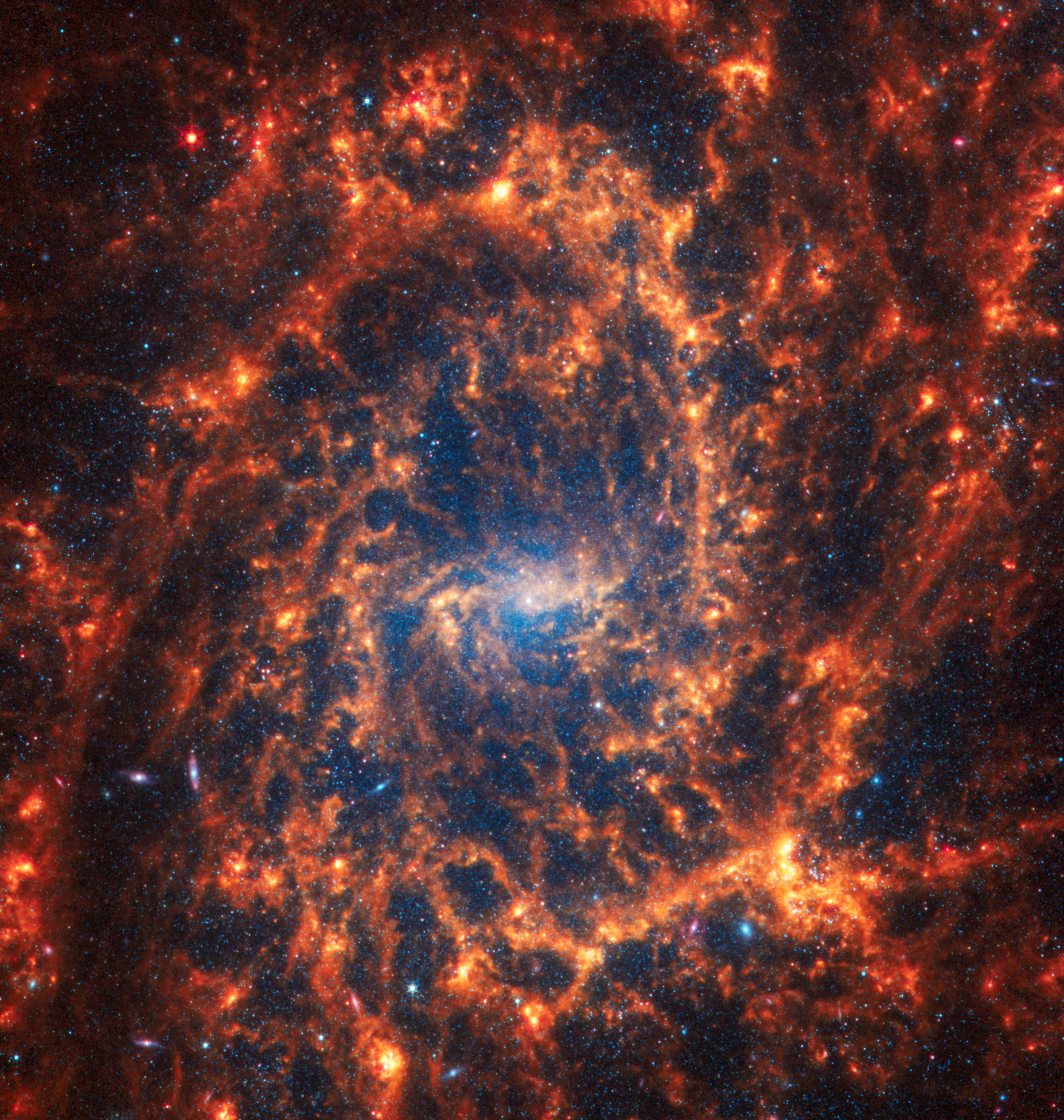 Webb’s image of NGC 2835 shows a densely populated face-on spiral galaxy anchored by a central region that is bright blue. The spiral arms appear muddled, but it is possible to pick out individual spiral arms. The arms extend to the edges and rotate counterclockwise.