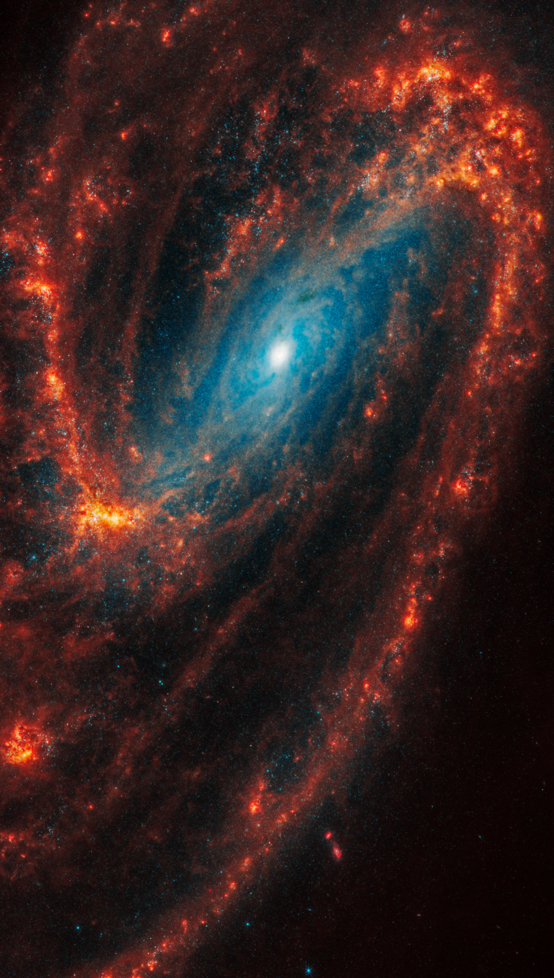 Webb’s image of NGC 3627 shows a face-on barred spiral galaxy anchored by its central region, which has a bright blue central dot. It is surrounded by a bar structure filled with a lighter blue haze of stars, which forms a large, angled oval toward the top. Two large distinct spiral arms appear as arcs that start at the central bar. One starts at left and stretches to the top and another starts at right and extends to the bottom.