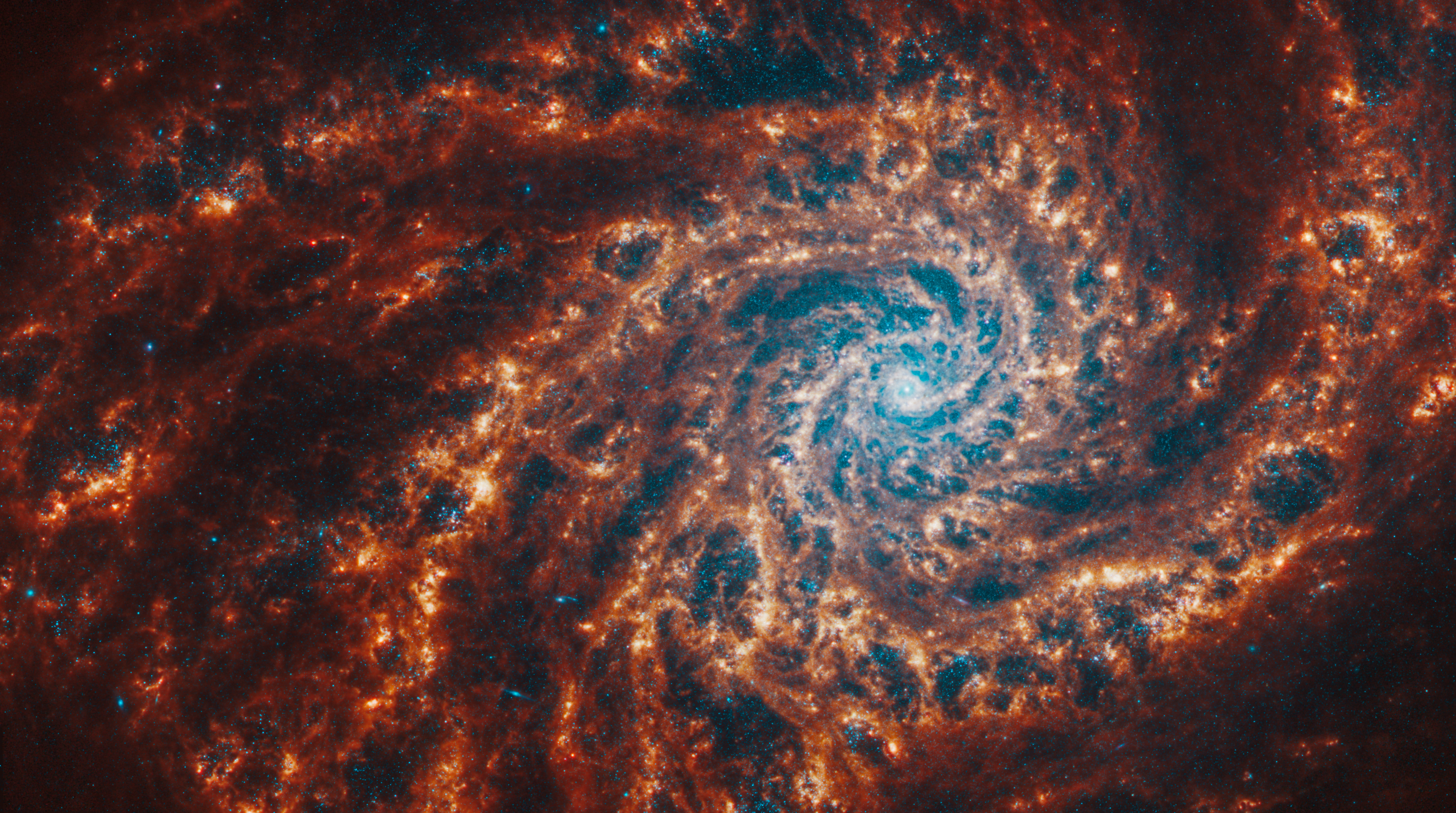 Webb’s image of NGC 4254 shows a densely populated face-on spiral galaxy anchored by its central region, which is right of center. Spiral orange arms sweep out to the edges and rotate counterclockwise.