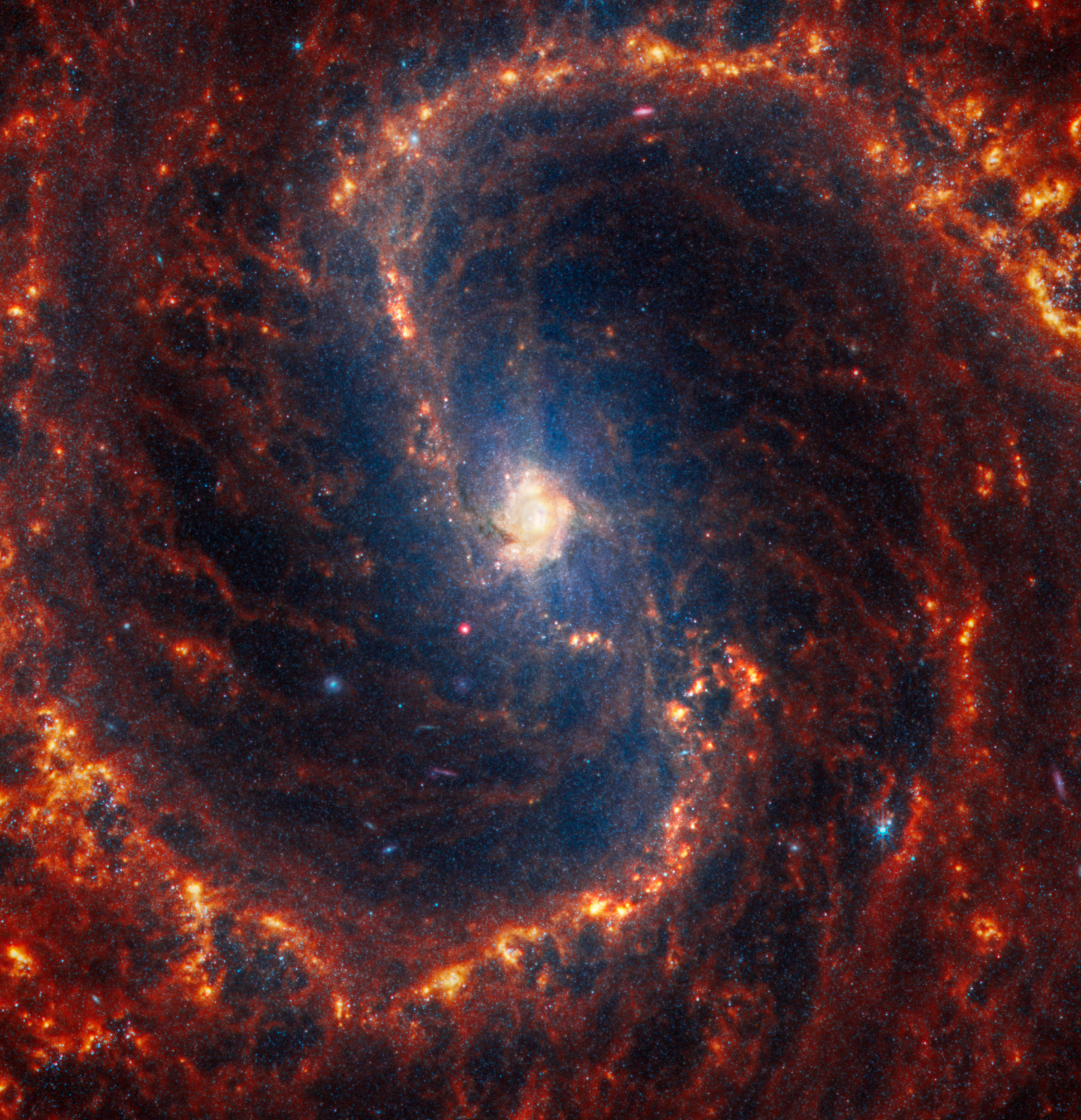 Webb’s image of NGC 4535 shows a densely populated face-on barred spiral galaxy anchored by its central region, which has a light orange haze. The galaxy’s core is centered and connected by an almost vertical bar structure to the galaxy’s two prominent spiral arms, which appear to rotate clockwise, forming an elongated S shape in shades of orange.