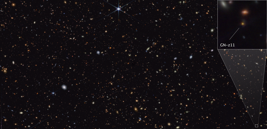 A rectangular image with thousands of galaxies of various shapes and colors on the black background of space. One galaxy is highlighted and labeled GN-z11.