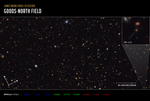 A graphic labeled “James Webb Space Telescope, Goods North Field.” A rectangular image shows thousands of galaxies of various shapes and colors on the black background of space. One galaxy is highlighted and labeled GN-z11.