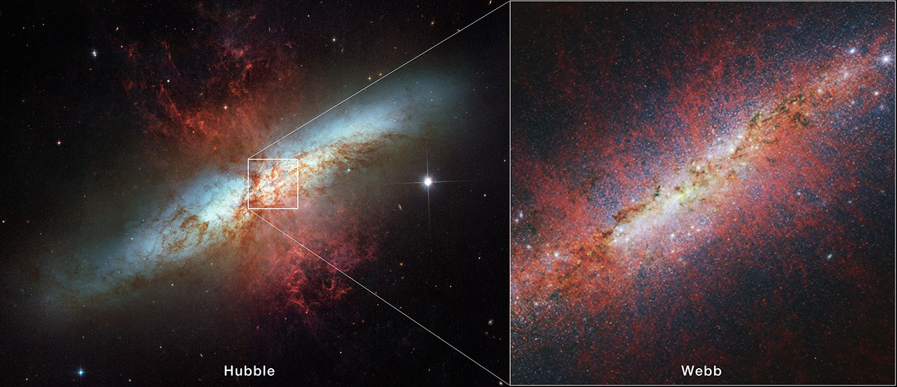 Left: Messier 82 as imaged by NASA's Hubble Space Telescope. Right: A section of Messier 82 as imaged by NASA's James Webb Space Telescope.