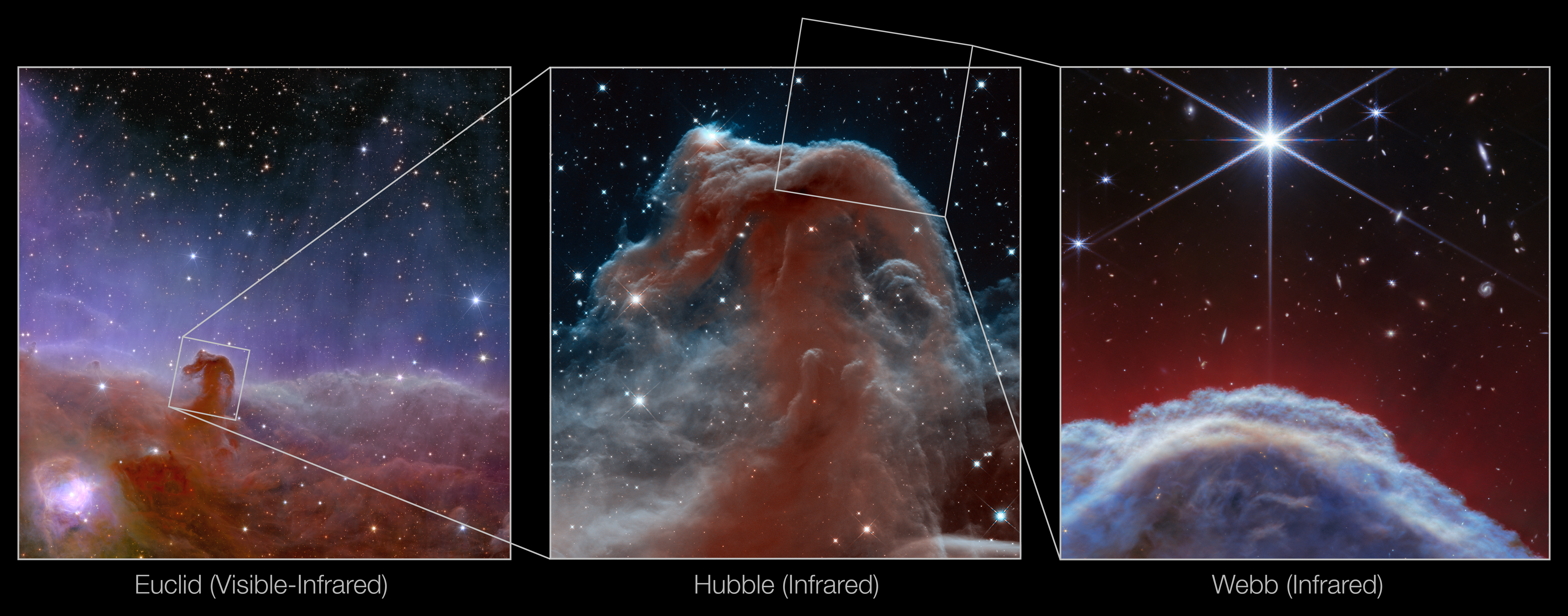 A horizontal collage of three images of the Horsehead Nebula.
