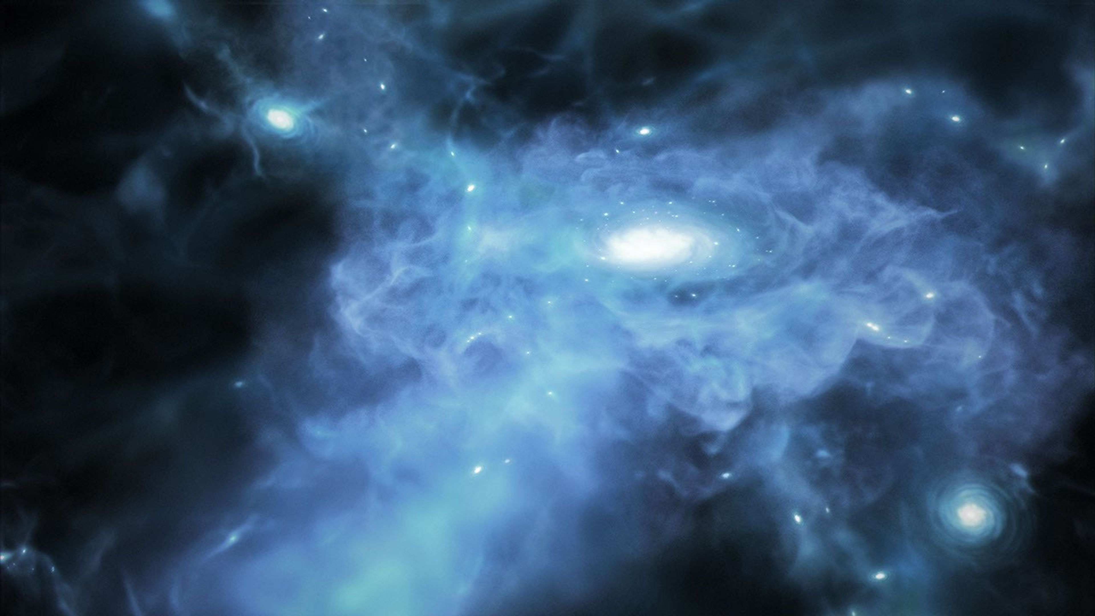 Illustration is awash in bright blue gas, showing a large white spiral galaxy at center and two smaller galaxies, one to its left and one to its right.