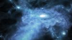 Illustration is awash in bright blue gas, showing a large white spiral galaxy at center and two smaller galaxies, one to its left and one to its right.