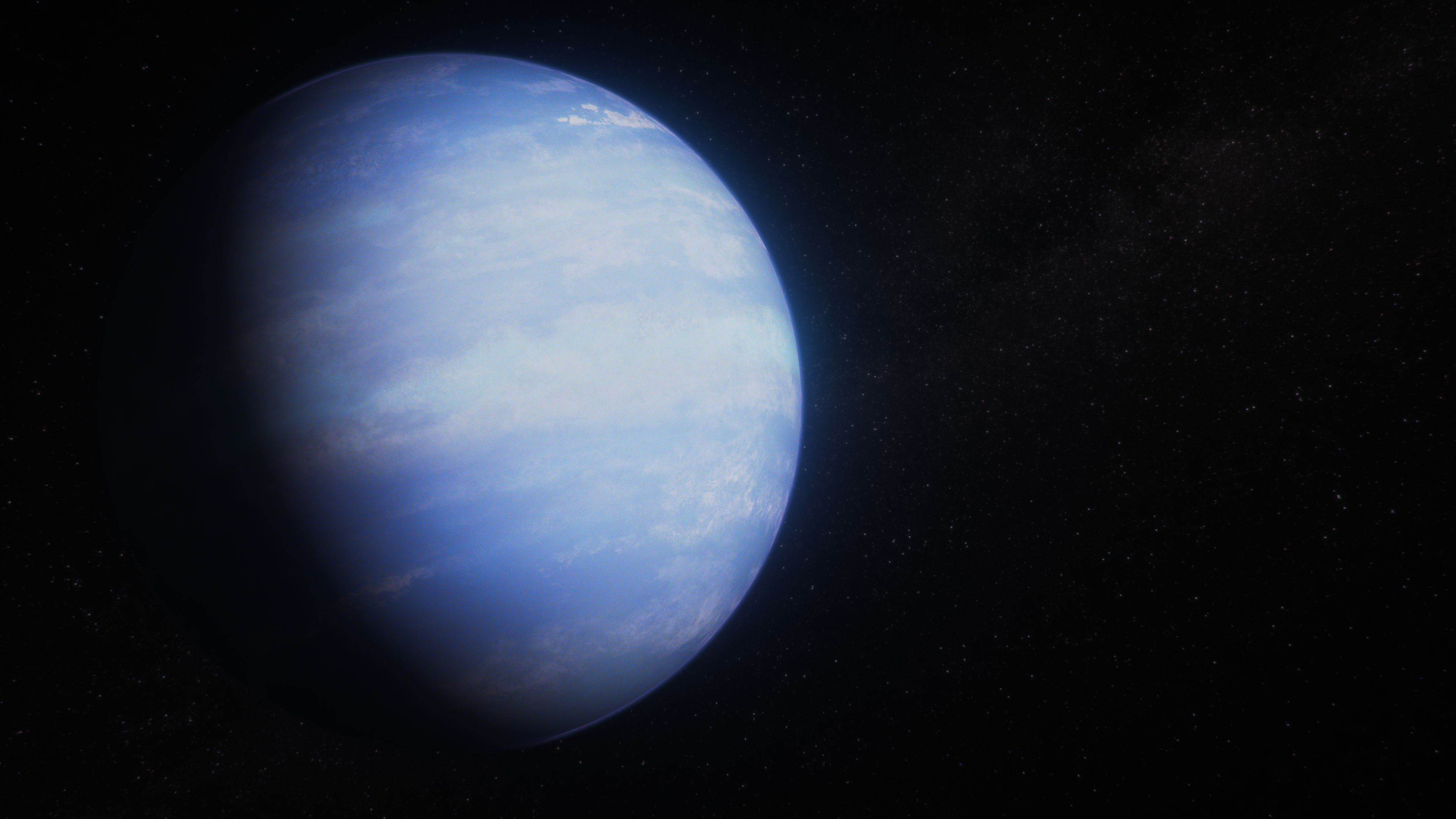 Illustration of an exoplanet with a hazy blue atmosphere and loose bands of clouds.