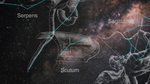 Telescope image including distant stars is overlaid with a semi-transparent graphic representing the constellations Serpens, Scutum, and Sagittarius. Thin blue lines connect the actual stars of the constellations.