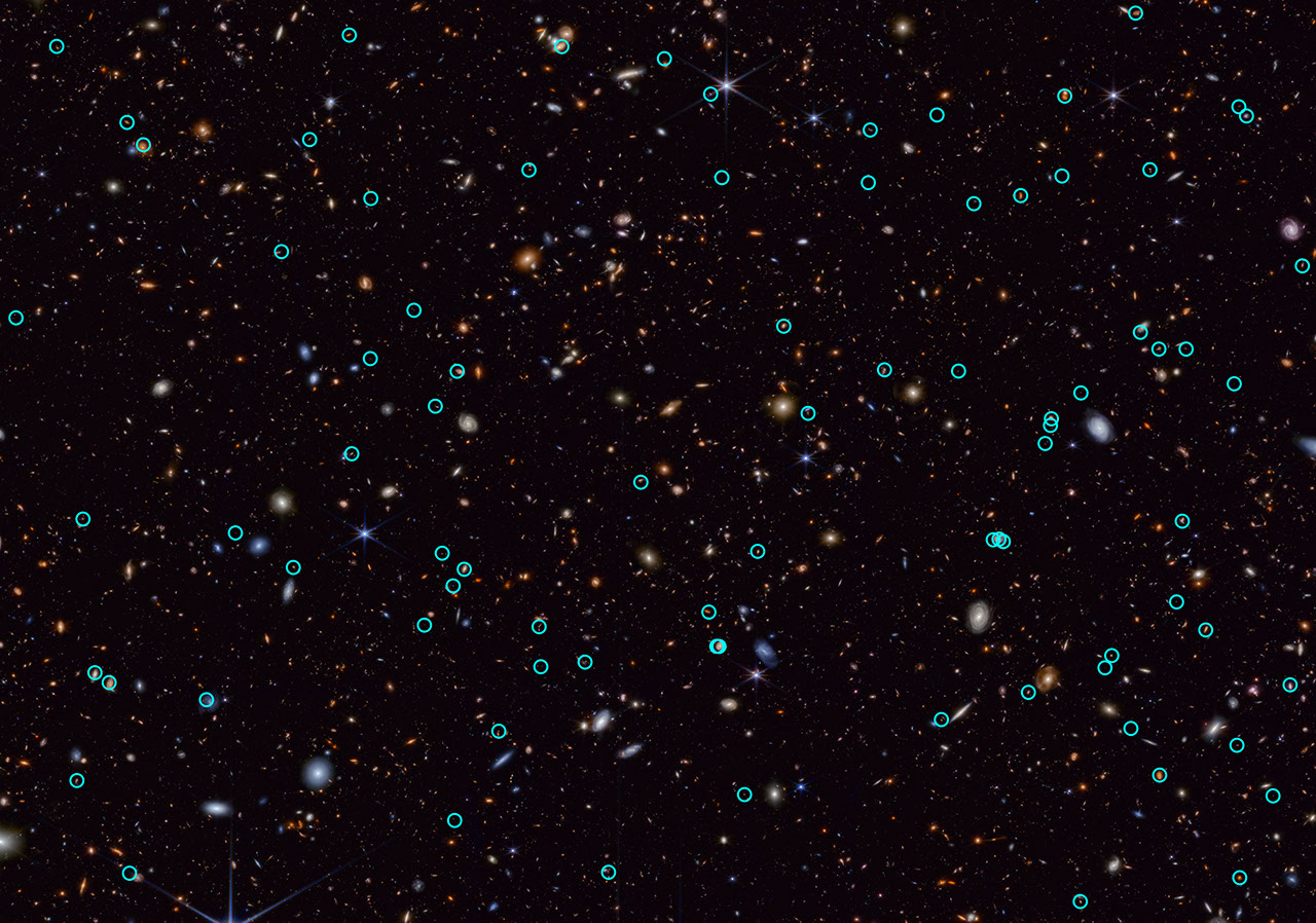 Space telescope image showing hundreds of objects of different colors, shapes, and sizes scattered across the black background of space, with about 80 objects circled in green.