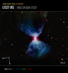Image titled “James Webb Space Telescope, L1527 IRS, IRAS 04368+2557” with compass arrows, scale bar, and color key. A growing protostar embedded within a molecular cloud. The center of the image shows a bright, red region, where the growing protostar resides, with a thin, gray lane of matter cutting through it horizontally. Above and below this region are blue triangular-shaped molecular clouds, which give the overall object an hourglass shape. There are red, yellow, orange, blue, and green stars and galaxies scattered across the background. At the bottom left are compass arrows indicating the orientation of the image on the sky. The north arrow points in the 8 o’clock direction. The east arrow points toward 5 o’clock. At the lower right is a scale bar labeled 800 AU. Below the image is a color key showing the MIRI filters and their visible-light color assignment. From left to right, MIRI filters are: F770W is blue; F1280W is green; and F1800W is red.