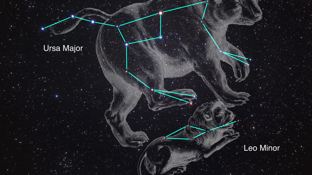 Telescope image including distant stars and the dark, dusty arm of a galaxy are overlaid with semi-transparent graphics representing the constellations Ursa Major, as a bear, on the top and center and Leo Minor, as a lion on the bottom right. Thin blue lines connect the actual stars of the constellations.