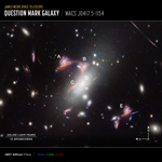 Image titled “James Webb Space Telescope, Question Mark Galaxy, MACSJ0417.5-1154” with letter labeling, compass arrows, scale bar, and color key. See extended description for more.
