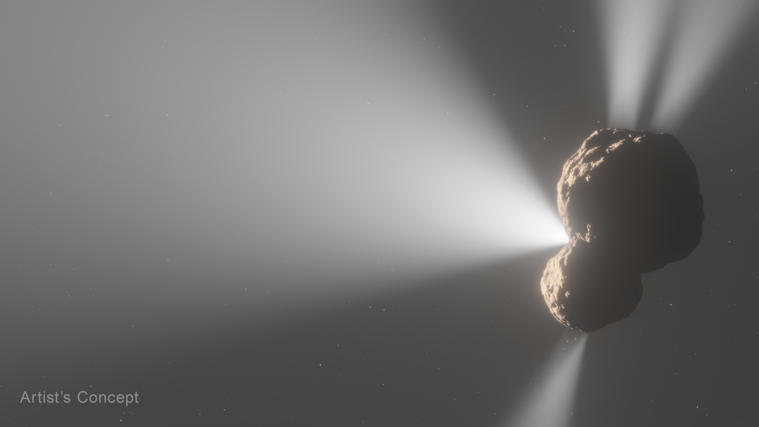 Artist’s concept of Centaur 29P/Schwassmann-Wachmann 1 as seen from the side against a dark, mostly starless swath of space. The rocky, bilobed nucleus is toward the right and resembles the simplified shape of a peanut. The left side of the centaur is partially illuminated by the Sun, which is off-screen, revealing the nucleus’ light brown surface. Four jets of gas, depicted as translucent cones of white, emanate from various points on the Centaur’s surface and extend beyond the frame. A label in the bottom left corner reads “Artist’s Concept.”