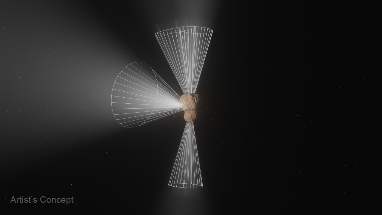 Artist’s concept of Centaur 29P/Schwassmann-Wachmann 1 against a mostly starless, black background. The rocky, bilobed nucleus is in the center and resembles the simplified shape of a peanut. The majority of the centaur’s surface facing the viewer is illuminated by the Sun, which is off-screen, revealing the nucleus’ light brown surface. Four jets of gas, depicted as translucent cones of white, emanate from various points on the Centaur’s surface and extend beyond the frame. White conical graphic overlays help define the different jets and their locations: two emanate upward from the top, one jet spews from the bottom and extends downward, and one jet emanates from the left side of the nucleus and extends toward the left. A label in the bottom left corner reads “Artist’s Concept.”
