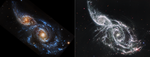 Two views of the same object are shown side by side, split evenly. The Hubble observation is at left, and the Webb observation is at right. Both show an angled pair of spiral galaxies, IC 2163 at top left, and NGC 2207, at bottom right.