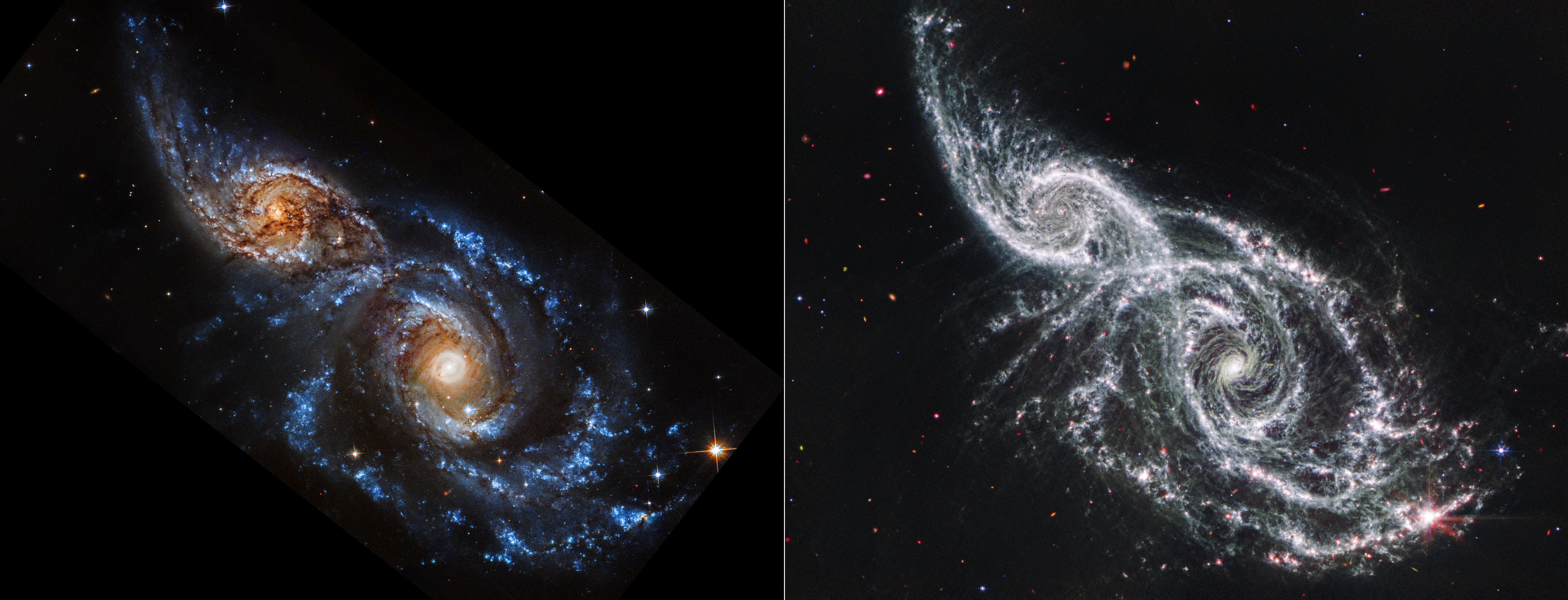Two views of the same object are shown side by side, split evenly. The Hubble observation is at left, and the Webb observation is at right. Both show an angled pair of spiral galaxies, IC 2163 at top left, and NGC 2207, at bottom right.