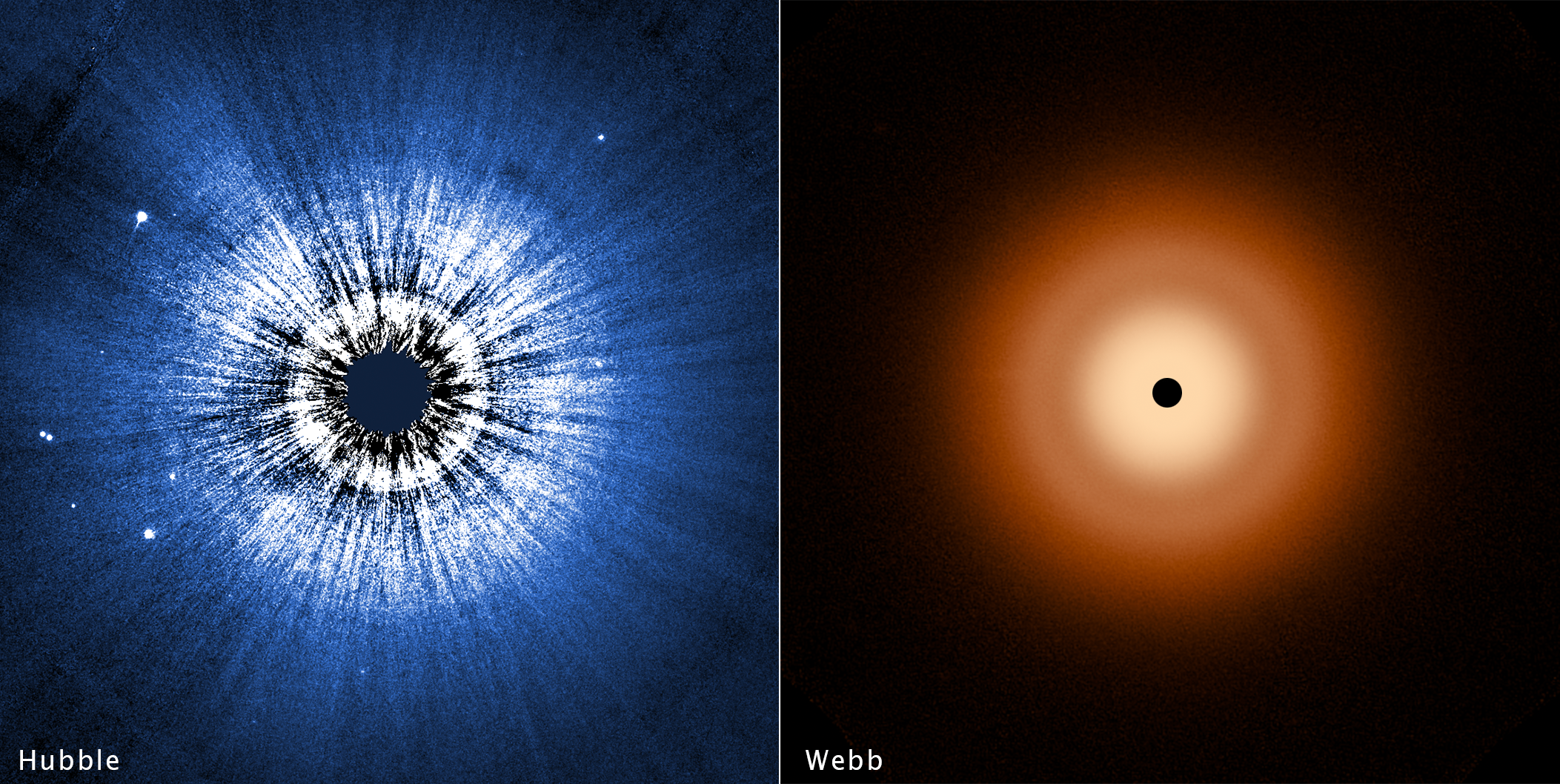 A two-panel image split down the middle vertically. At the left is the Vega disk as imaged by the Hubble Space Telescope. The disk is perfectly circular, and at the center is a black spot blocking out the bright glow of a star. Closer to the center, the disk is white. Radial striations extend out from the center, giving a ripple effect to the disk like the end of a sausage casing. The outer edge of the circular disk is blue. At the right, the Webb image of the disk is an orange colored, smooth, fuzzy halo. The inner disk is whiter toward the center, and there is darker lane between the inner disk and the more orange outer disk. The disk is also perfectly circular, with a black circle in the center due to lack of data from saturation.
