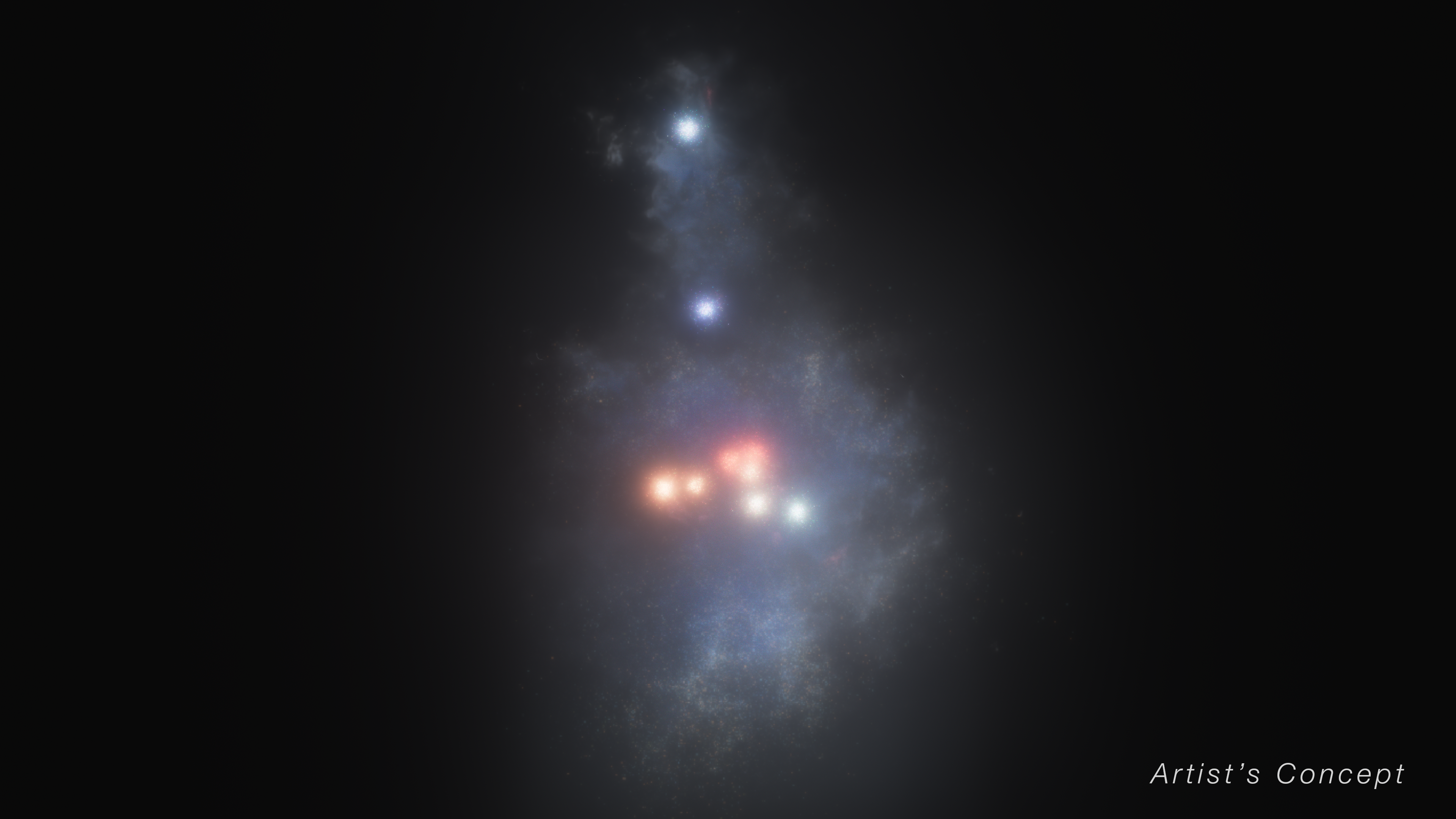 An illustration of the Firefly Sparkle galaxy in the early universe. It has 10 bright, round star clusters in a range of colors, from orange to blue. The other stars, which are dimmer overall, are white, and form a rough parallelogram.
