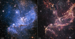 A side-by-side comparison of a Hubble image of the massive star cluster NGC 346 (left) versus a Webb image of the same cluster (right). The Hubble image shows the cluster in shades of blue against a black background punctuated by white stars of various sizes. Ethereal nebulosity, looking much like draped chiffon, dominates the image. The Webb view, in shades of pink and orange against a black background, is speckled with fewer stars than in the Hubble version. These stars are white and pink. Webb pierces through the cluster’s clouds to reveal more of its structure, which looks like twisted fibers.
