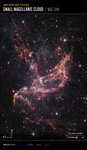 In orange, capital letters across the top are the words JAMES WEBB SPACE TELESCOPE. Below in larger, white capitals are the words SMALL MAGELLANIC CLOUD. A thin, vertical line separates them from the label NGC 346 in smaller type. A gray, horizontal line separates the words from the image below. Orange and pink arcs at the image center form a boat-like shape. One end of these arcs points to the top right, while the other points to the bottom left. Another orange and pink plume expands from the center to the top left. To the right of it is a cluster of white stars. Other stars and a few galaxies appear throughout. At the bottom left, arrows labeled north and east show the orientation of the image on the sky. At the lower right is a scale bar labeled 50 light-years, 15 parsecs, 50 arcseconds. Its length is about one-fifth the width of the image. A color key shows the NIRCam filters used and which color is assigned to each. From left to right: F200W is blue; F277W is green; F335M is orange; and F444W is red.
